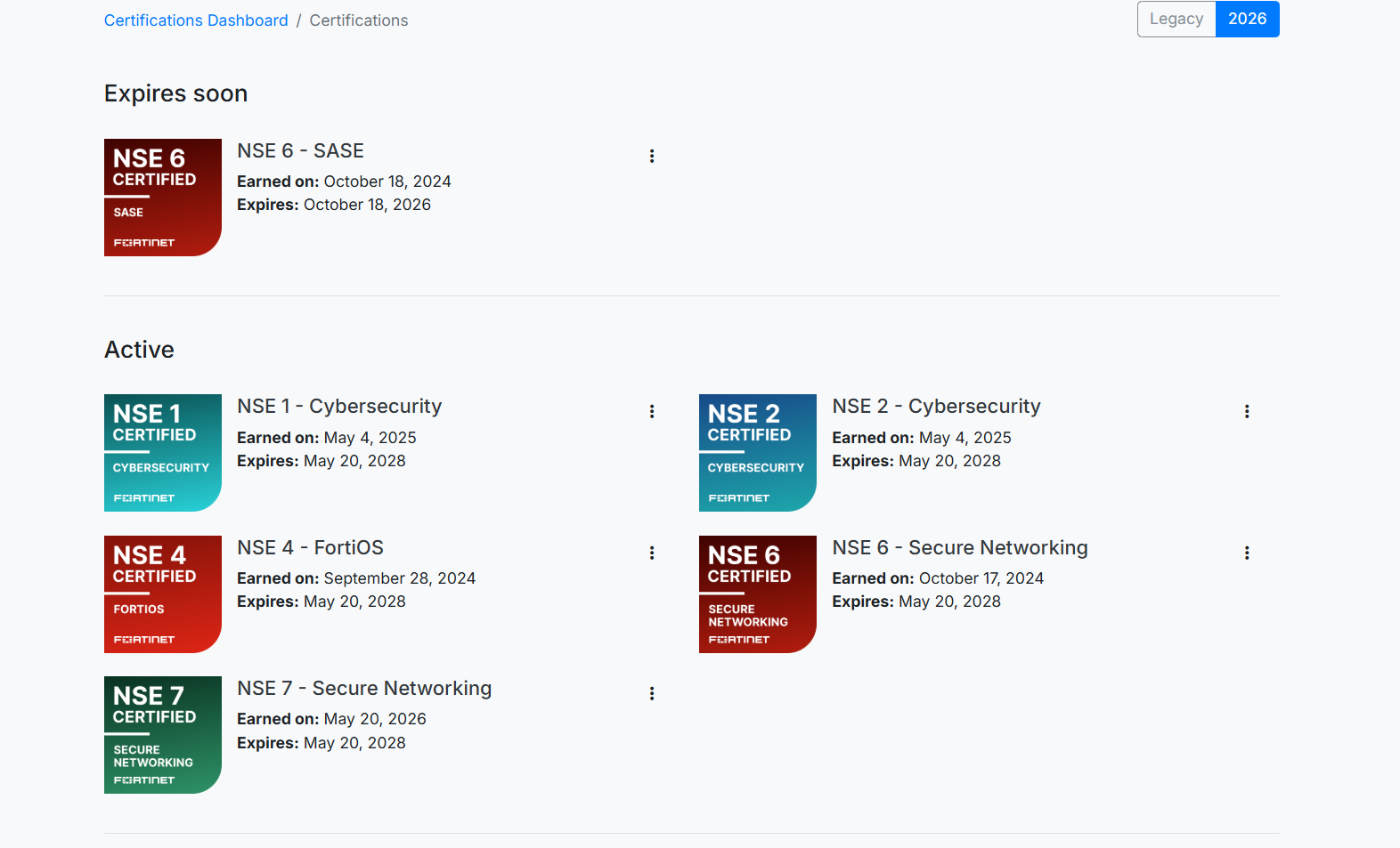 Fortinet 2026 legacy certification dashboard screenshot