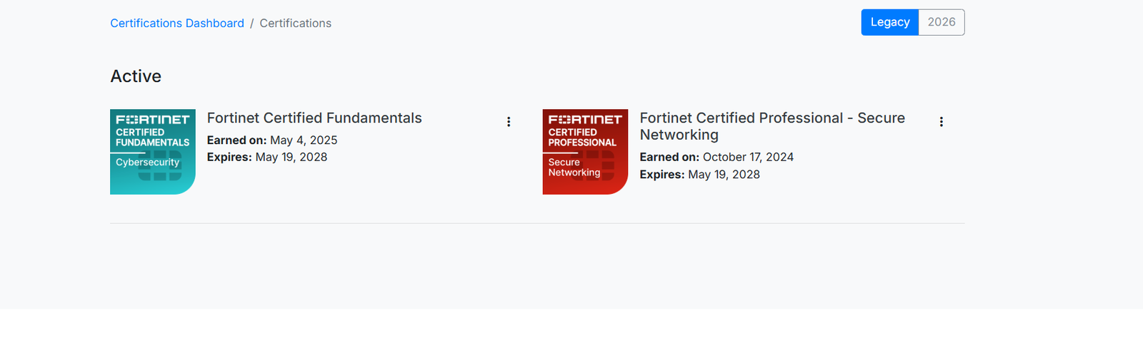Fortinet current certification dashboard screenshot